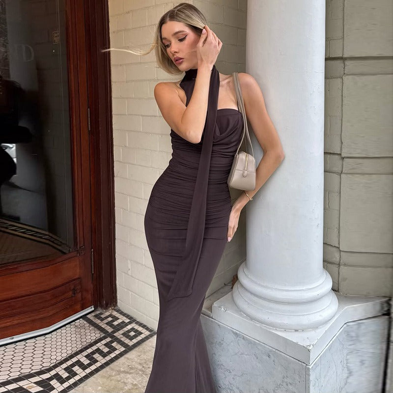 Cowl Neck Scarf Maxi Dress
