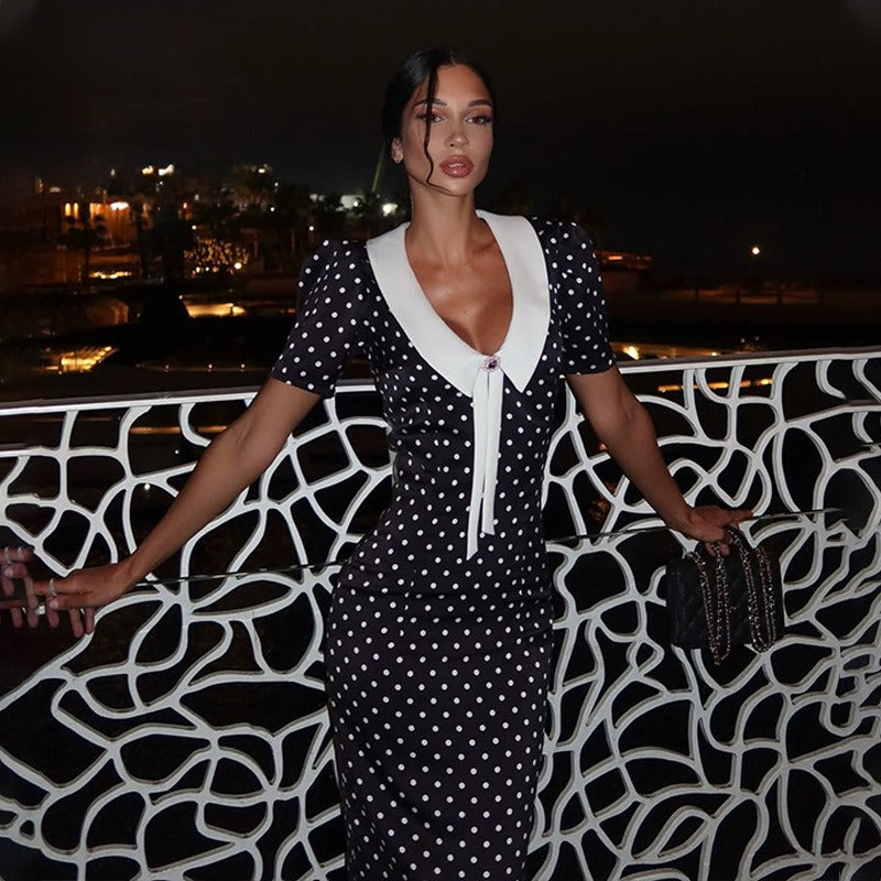 Phoebe Polka Dot Contrast Collar Midi Dress
