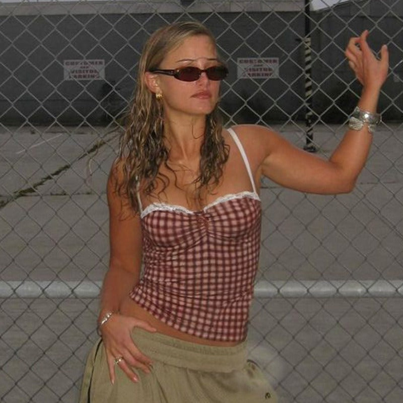 Gingham Lace Trim Cami Top
