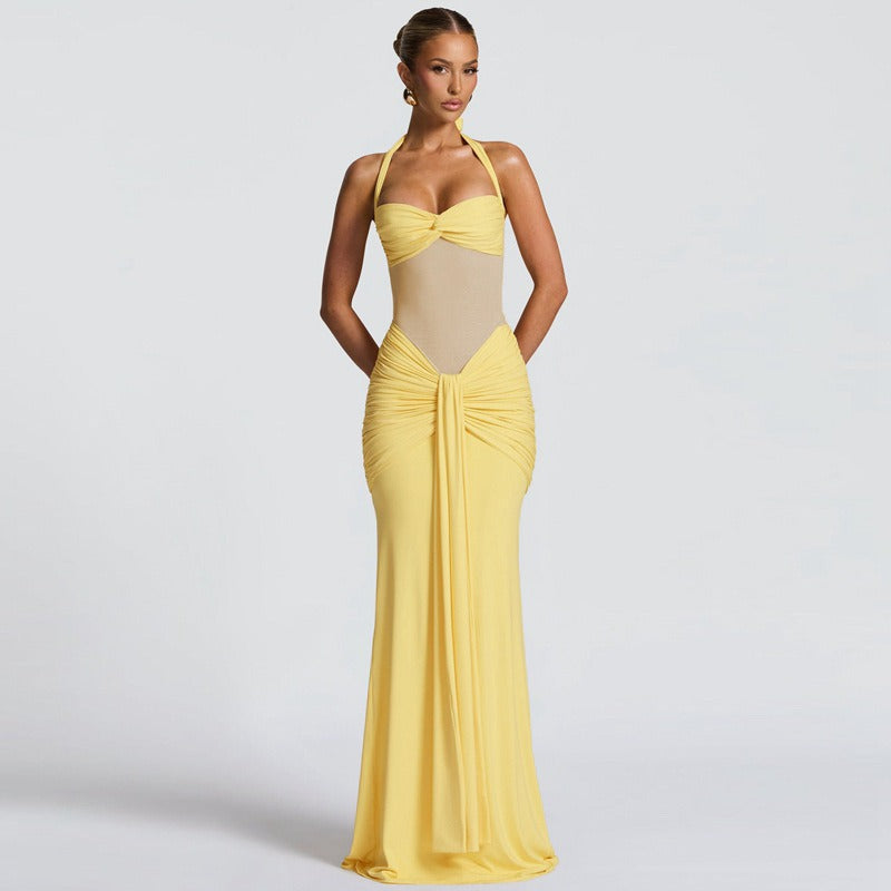 Mesh Panel Halter Maxi Dress