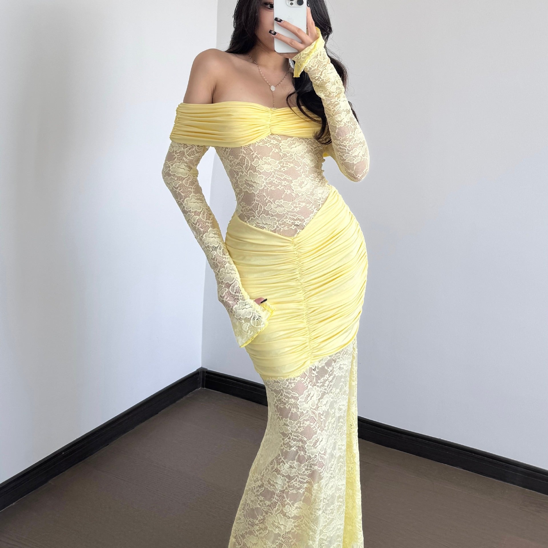 Off-Shoulder Lace Ruched Maxi Dress