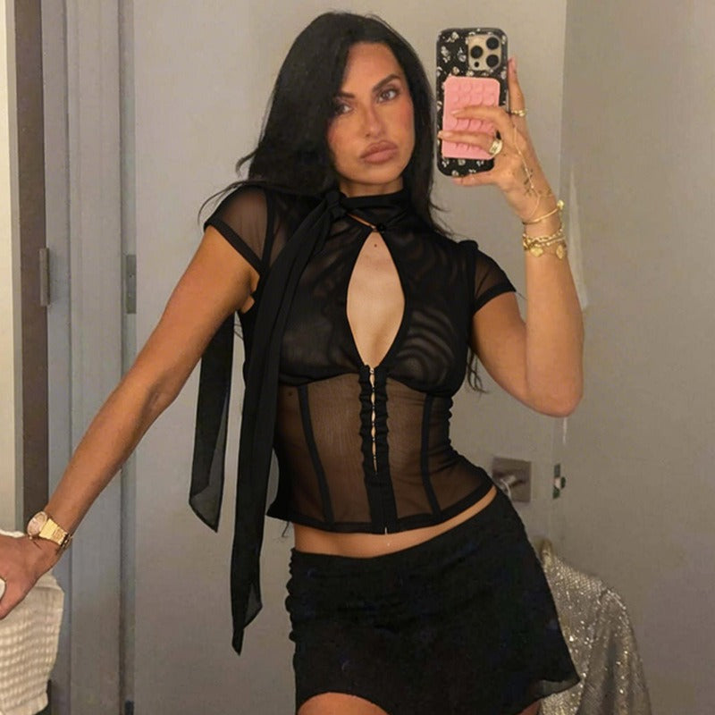 Salma Tie-Neck Mesh Top