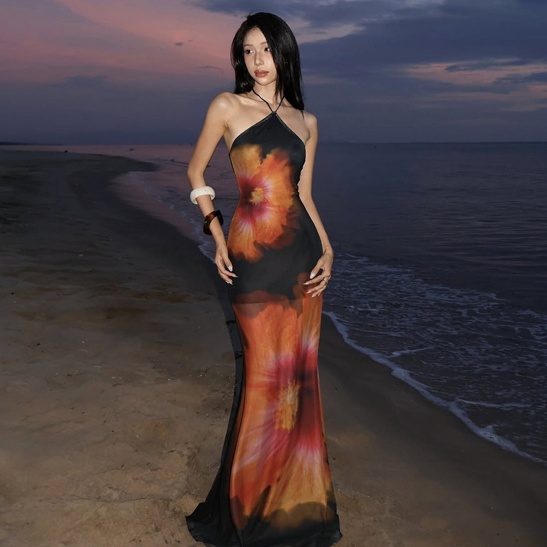 Elin Floral Mesh Halter Maxi Dress