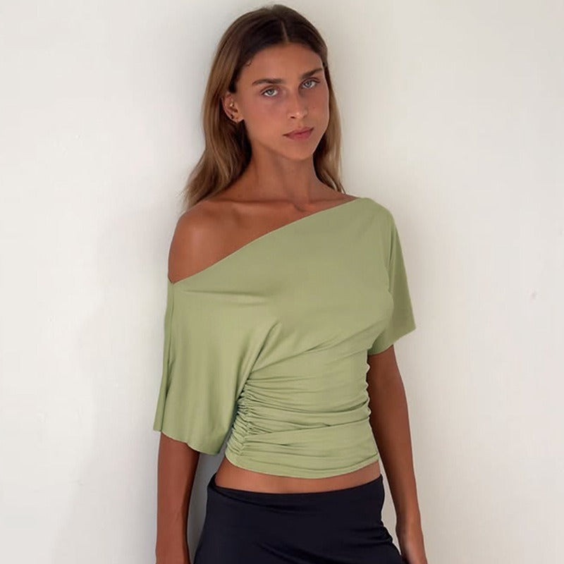 Ruched One-Shoulder Short Sleeve Top