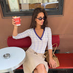 Sibyl Lavender Plaid Wrap-Front Knit Top