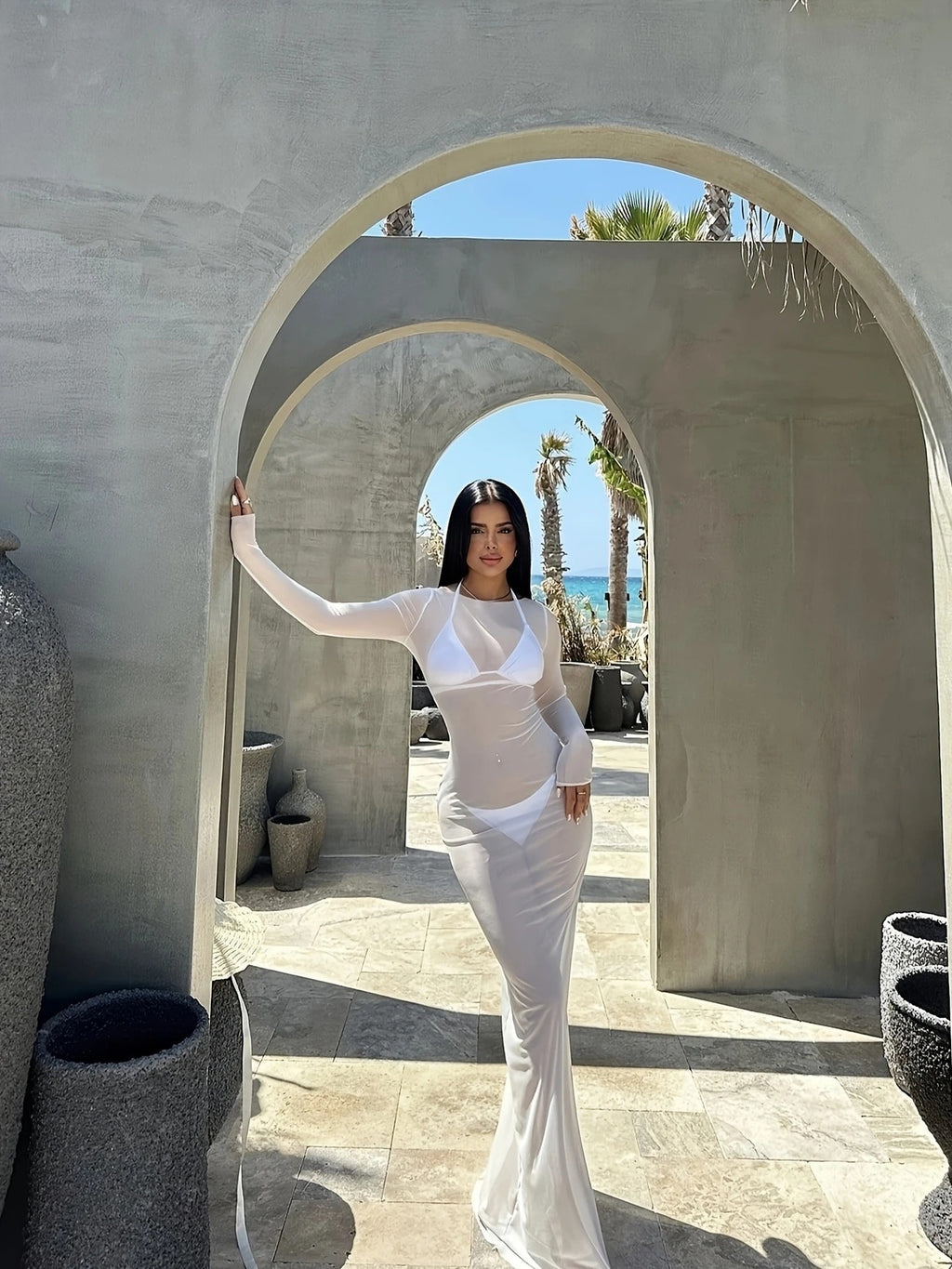 Sheer Mesh Long-Sleeve Maxi Dress