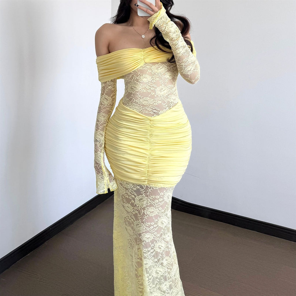 Off-Shoulder Lace Ruched Maxi Dress