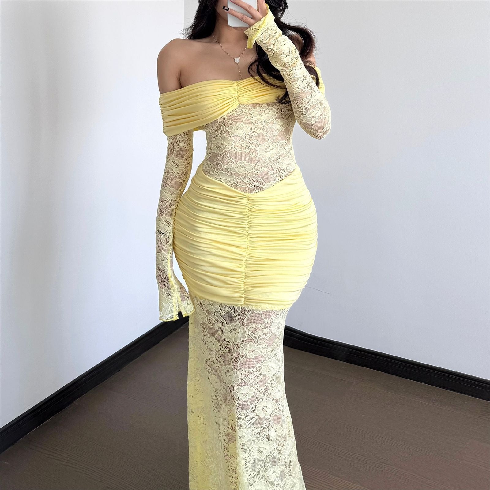 Off-Shoulder Lace Ruched Maxi Dress