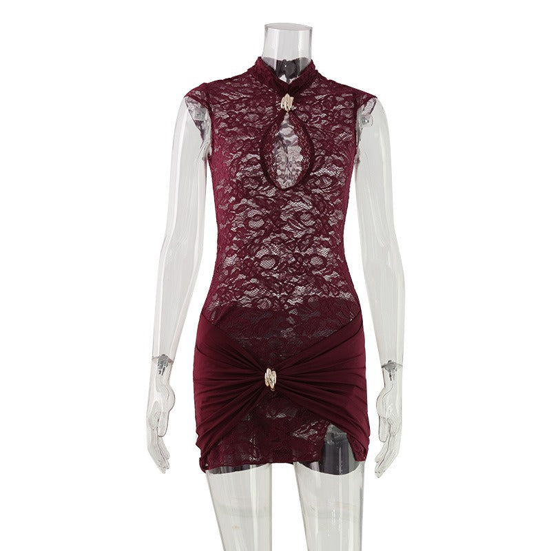 Venya Burgundy Lace Mini Dress