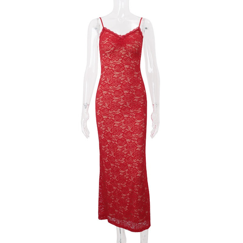 Lace Slip Red Maxi Dress