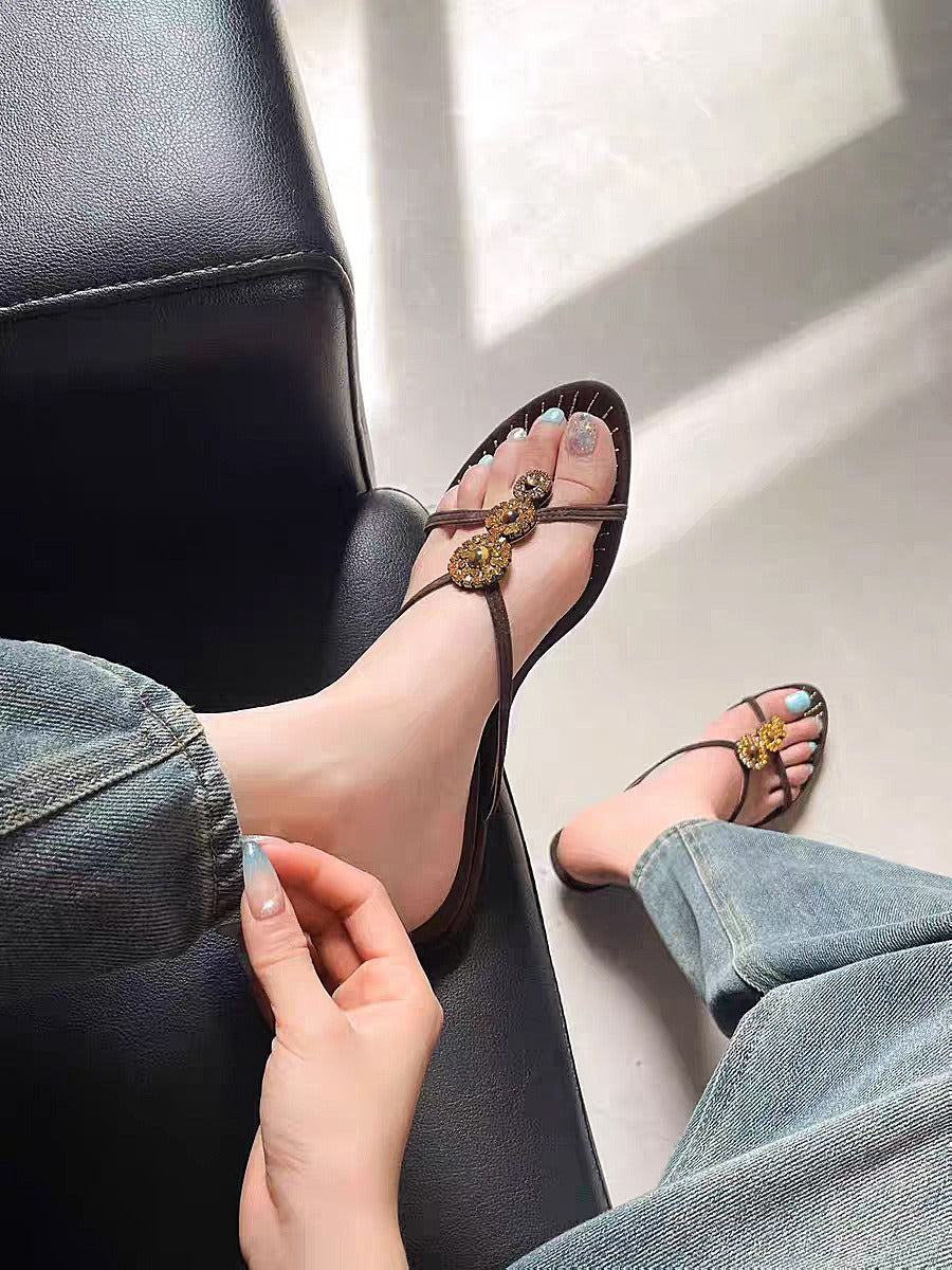 Layla Embroidered Rhinestone Toe-Loop Sandals