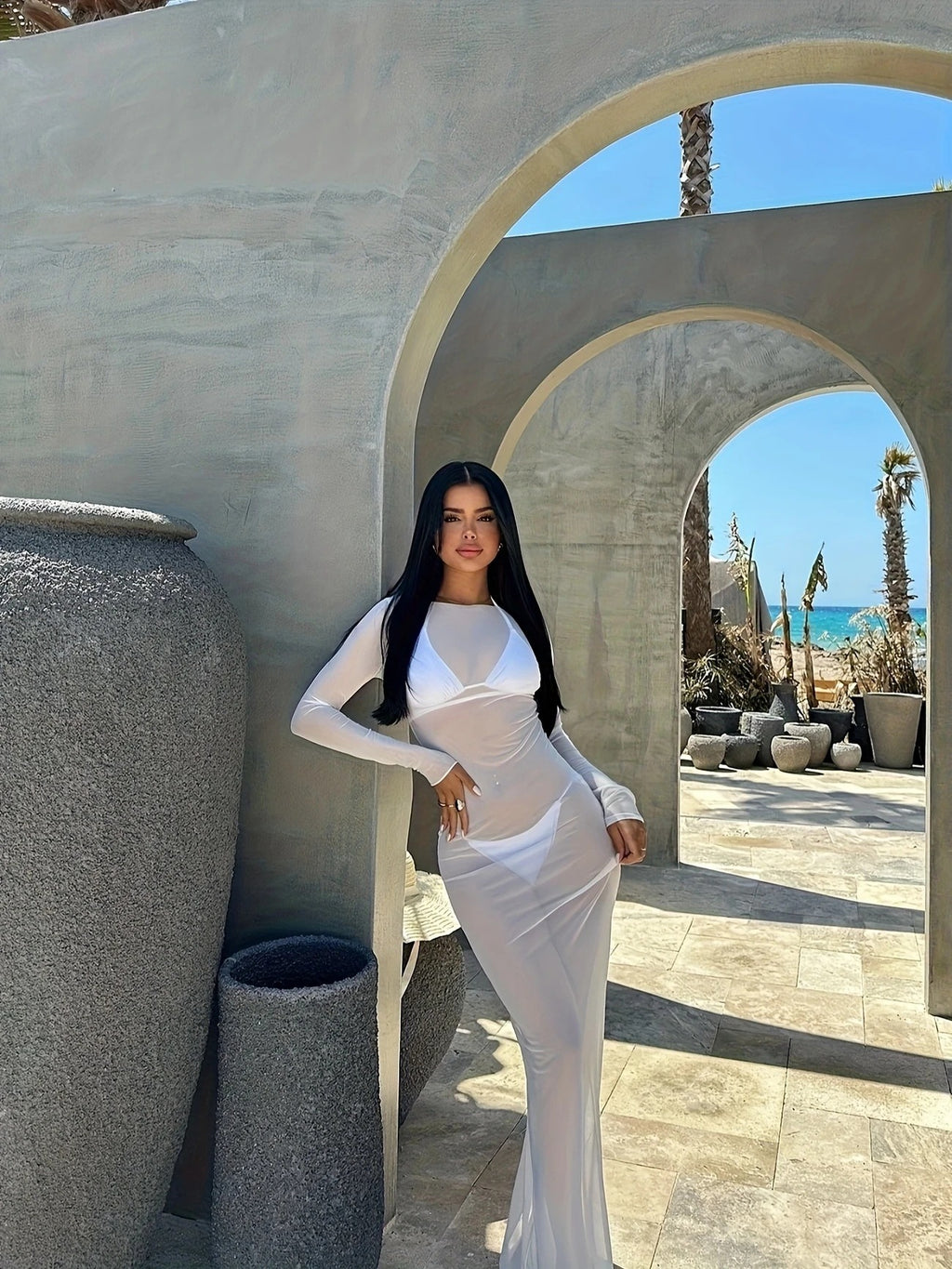 Sheer Mesh Long-Sleeve Maxi Dress