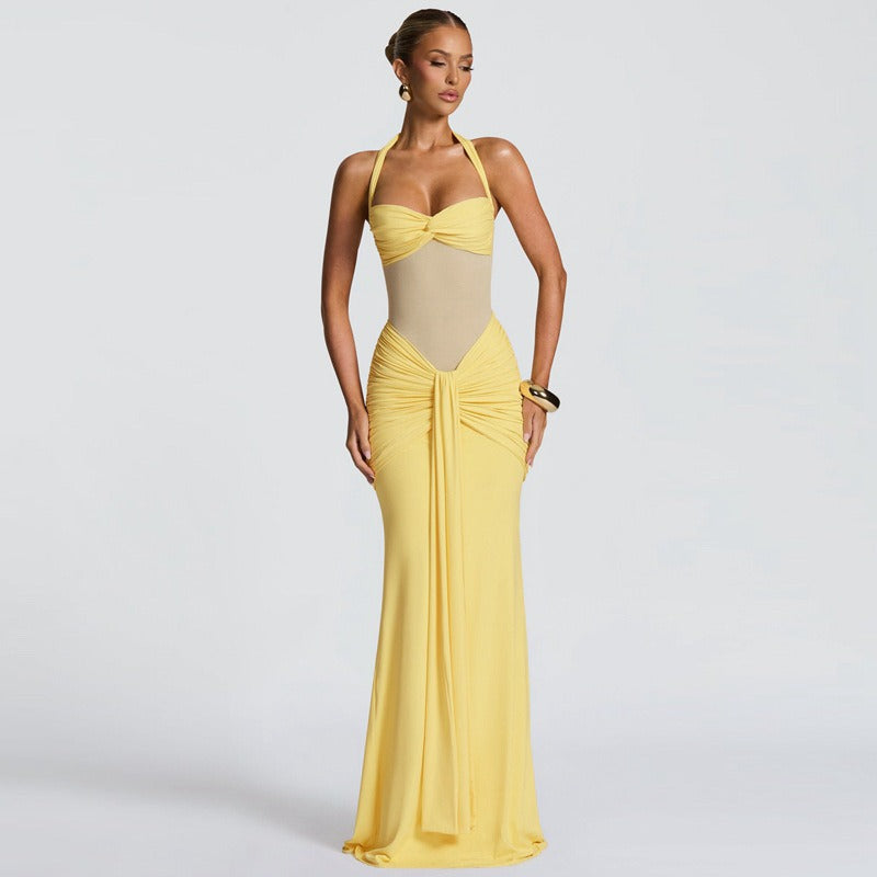 Mesh Panel Halter Maxi Dress