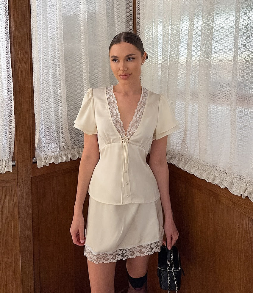 Lace Trim Blouse & Mini Skirt Set