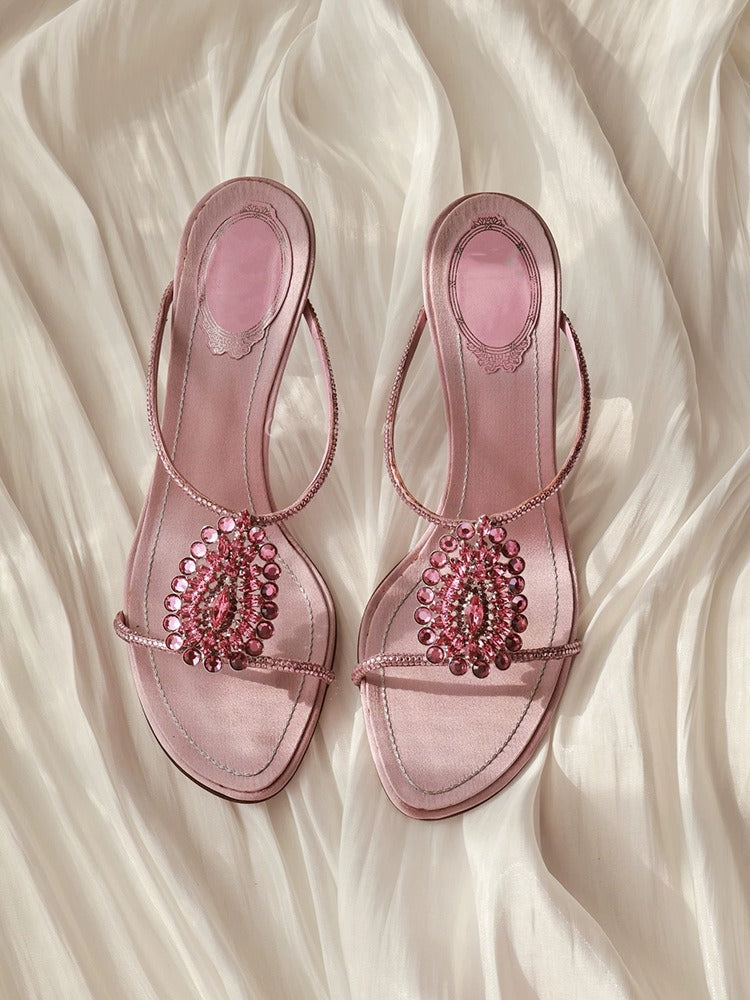 Pink Satin Crystal Mule Heels