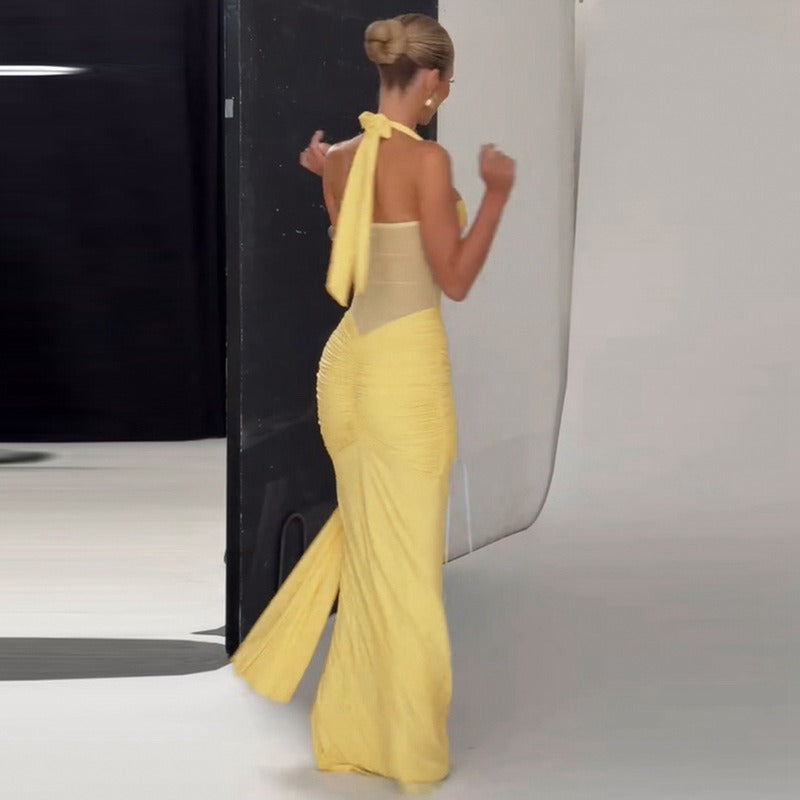 Mesh Panel Halter Maxi Dress
