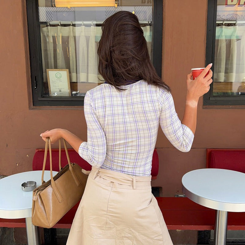 Sibyl Lavender Plaid Wrap-Front Knit Top