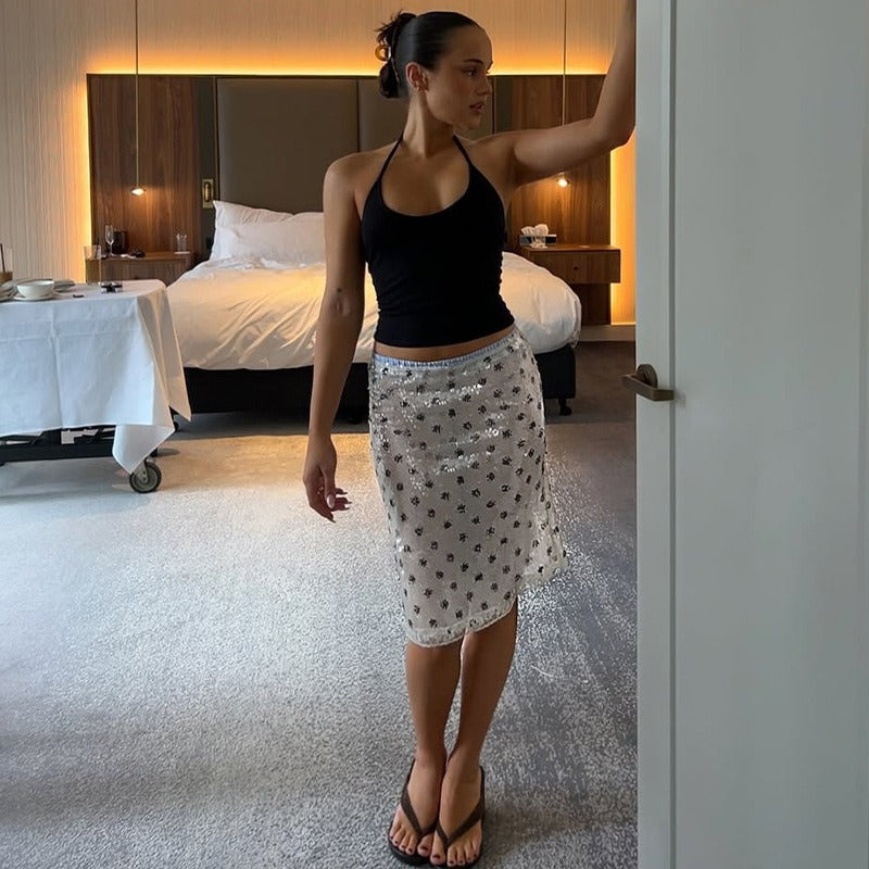 Nisa Sequin Polka Dot Lace Hem Midi Skirt