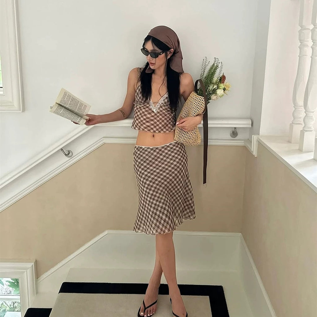 Karina Plaid Lace Trim Two-Piece Skirt Set