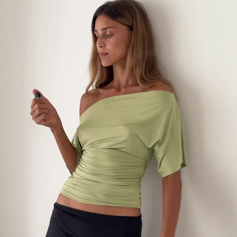 Ruched One-Shoulder Short Sleeve Top