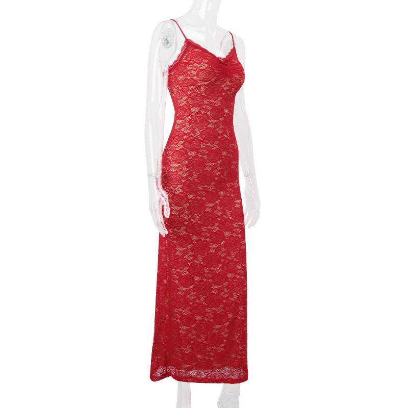 Lace Slip Red Maxi Dress