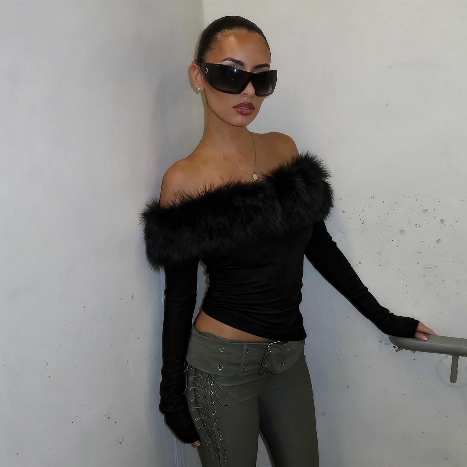 Faux Fur Trim Off-Shoulder Top