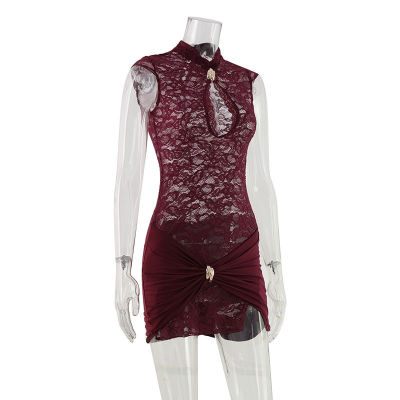 Venya Burgundy Lace Mini Dress