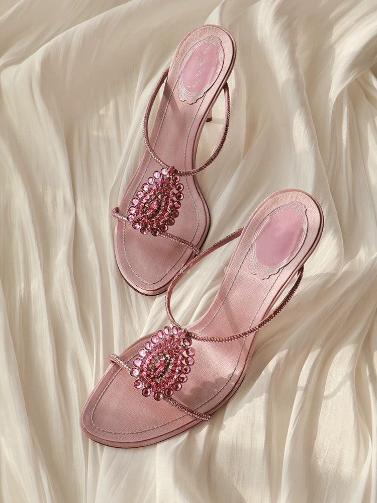 Pink Satin Crystal Mule Heels