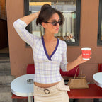 Sibyl Lavender Plaid Wrap-Front Knit Top