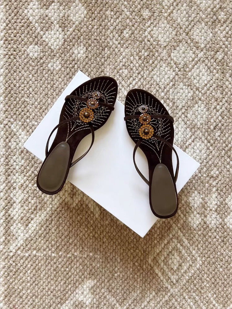 Layla Embroidered Rhinestone Toe-Loop Sandals