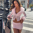 Faux Fur Lace Top & Mini Skirt Set