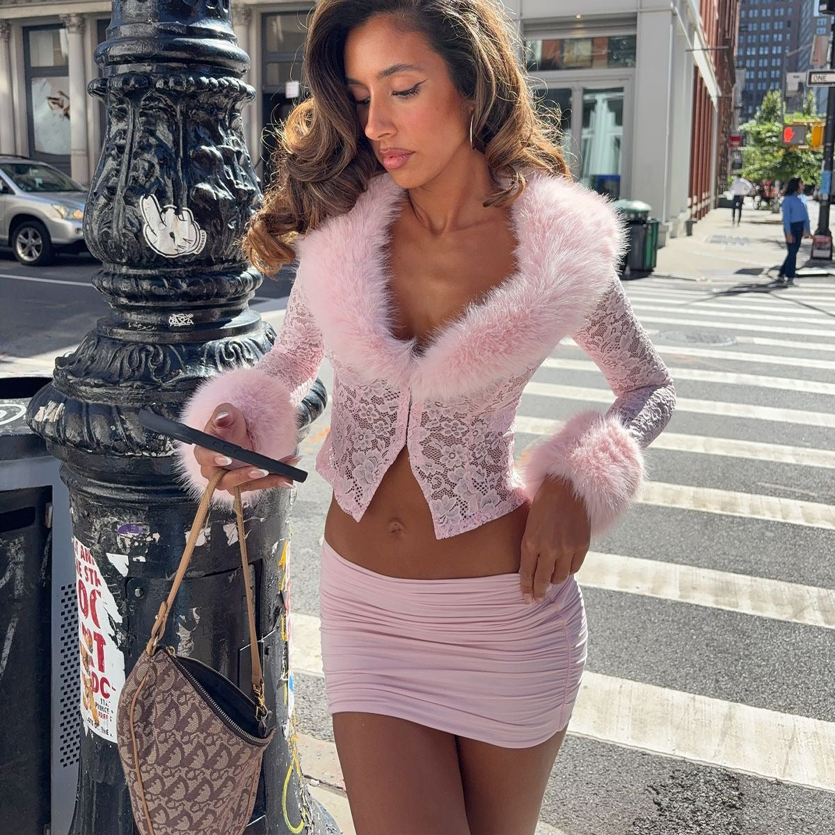 Faux Fur Lace Top & Mini Skirt Set
