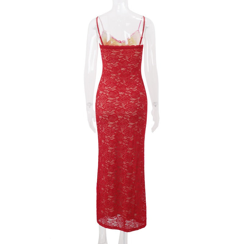 Lace Slip Red Maxi Dress