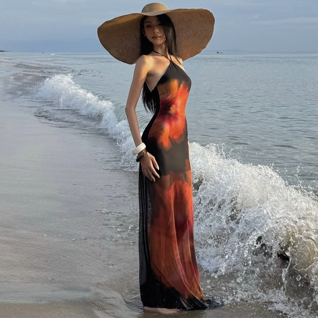 Elin Floral Mesh Halter Maxi Dress