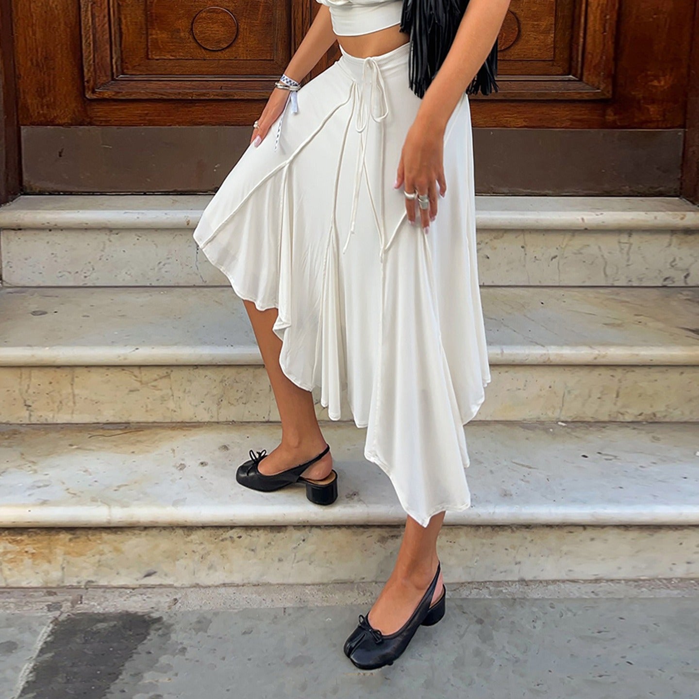 Asymmetric Tie-Waist Midi Skirt