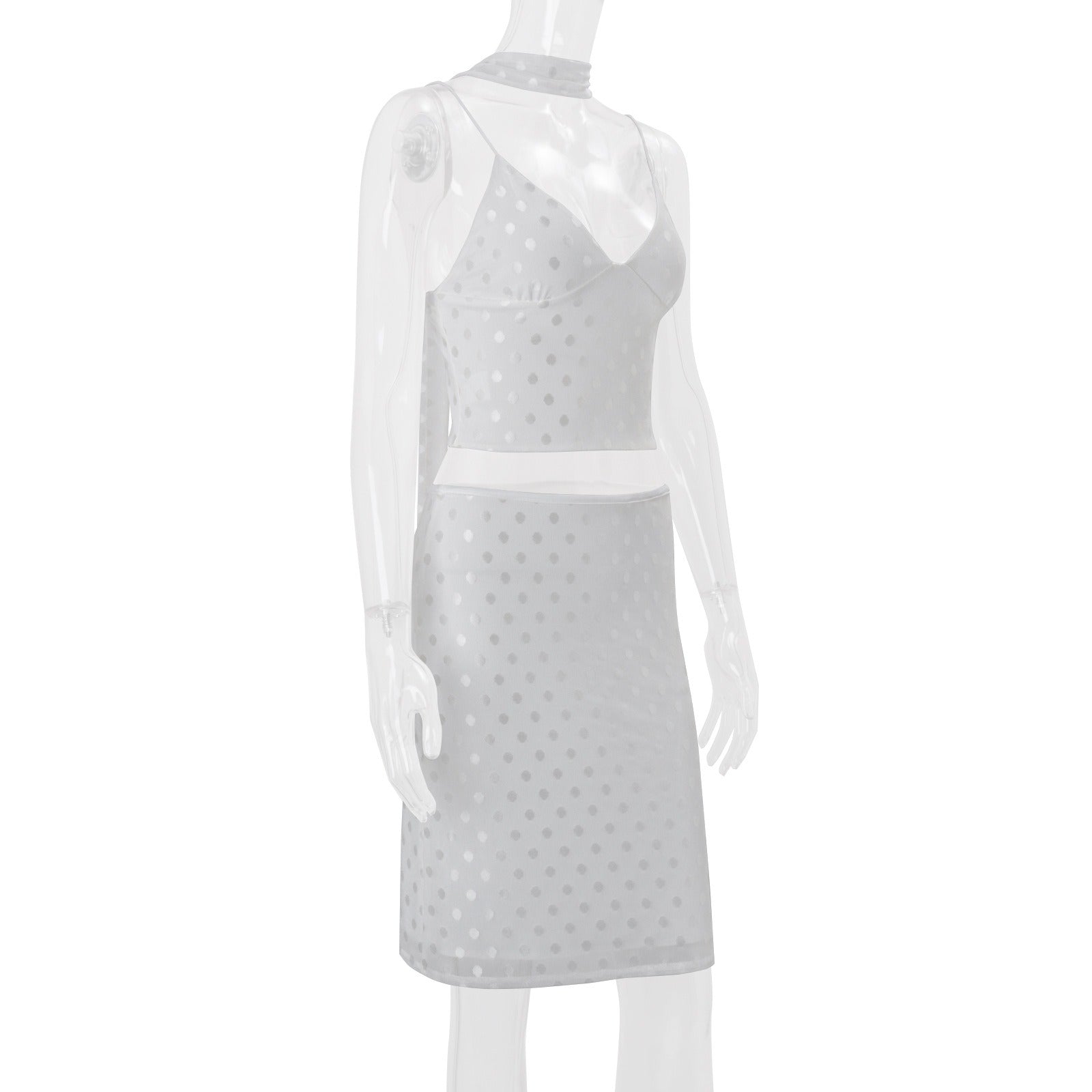Polka Dot Mesh Cami & Midi Skirt Set (With Choker)