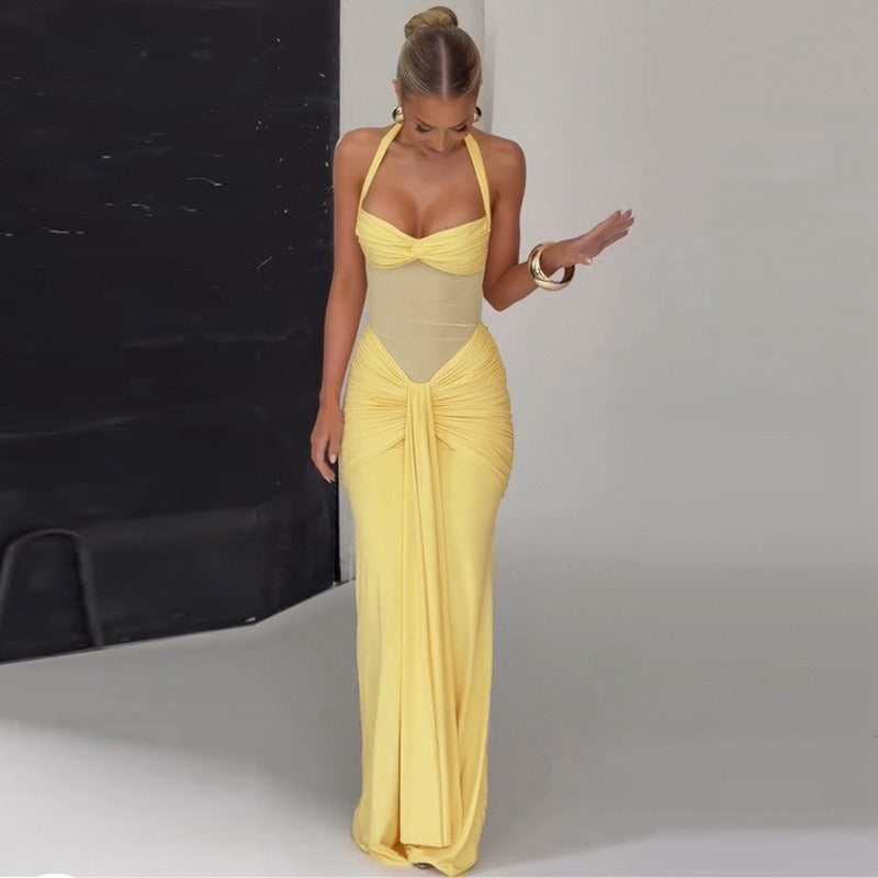 Mesh Panel Halter Maxi Dress