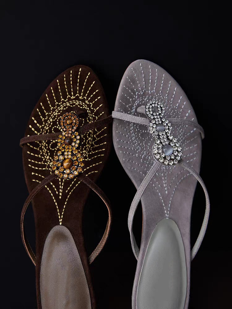 Layla Embroidered Rhinestone Toe-Loop Sandals