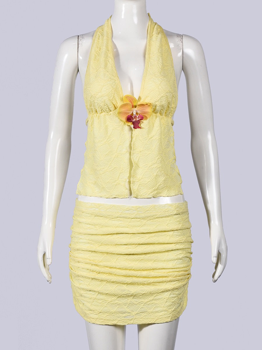 Lemon Lace Halter Top & Ruched Mini Skirt Set