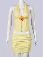Lemon Lace Halter Top & Ruched Mini Skirt Set