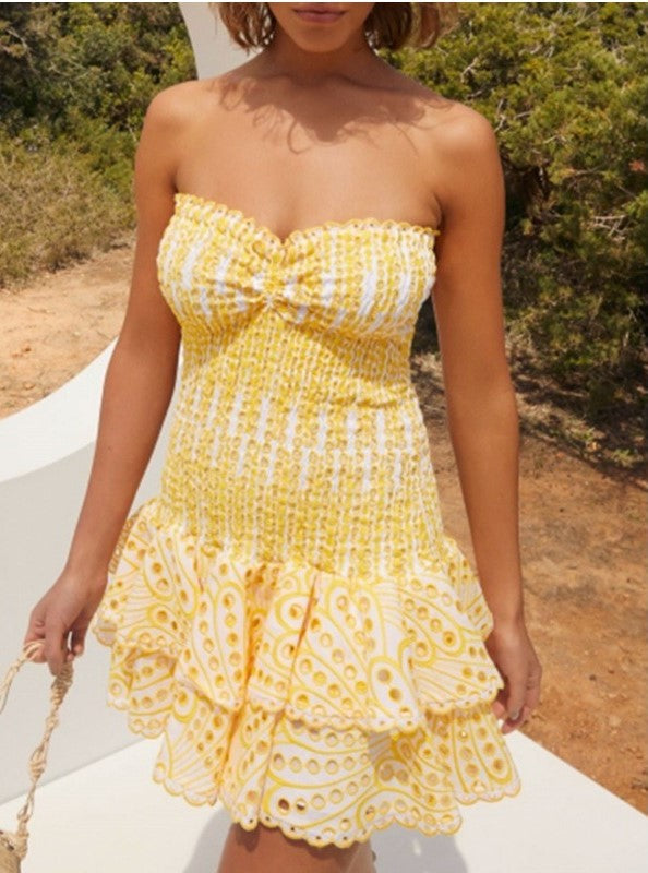 Arelia Smocked Strapless Ruffle Mini Dress