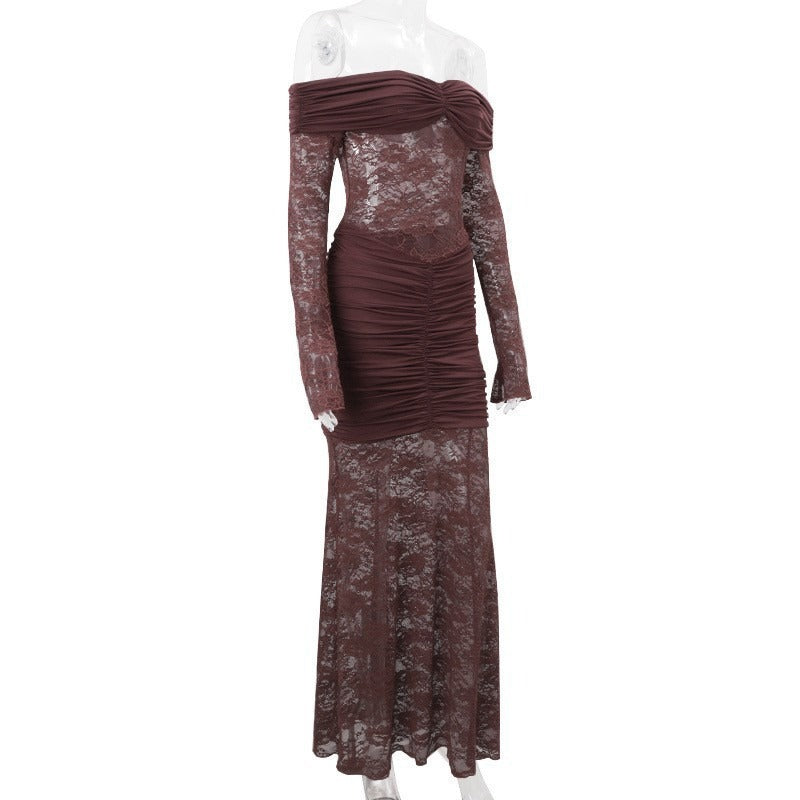 Off-Shoulder Lace Ruched Maxi Dress