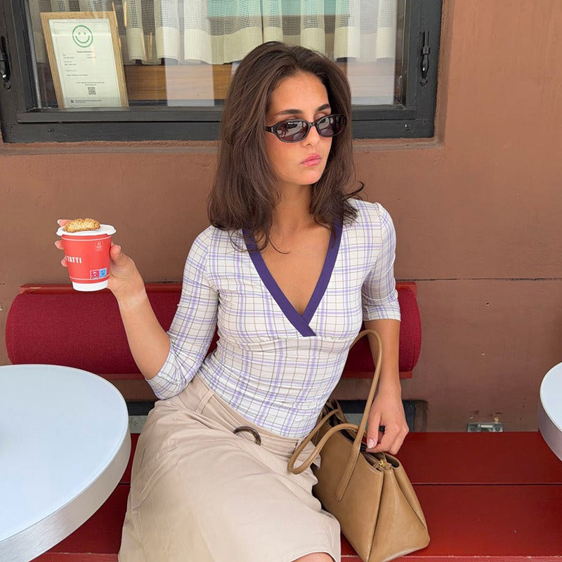 Sibyl Lavender Plaid Wrap-Front Knit Top