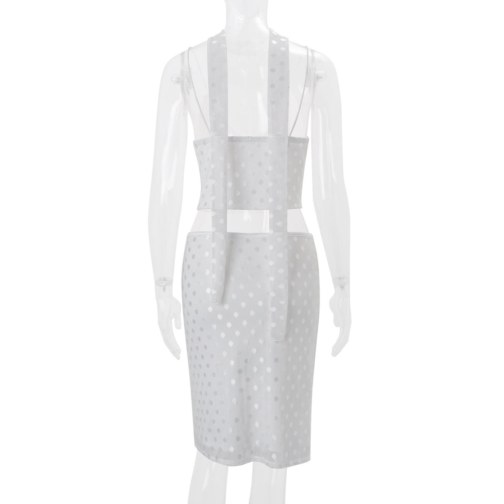 Polka Dot Mesh Cami & Midi Skirt Set (With Choker)