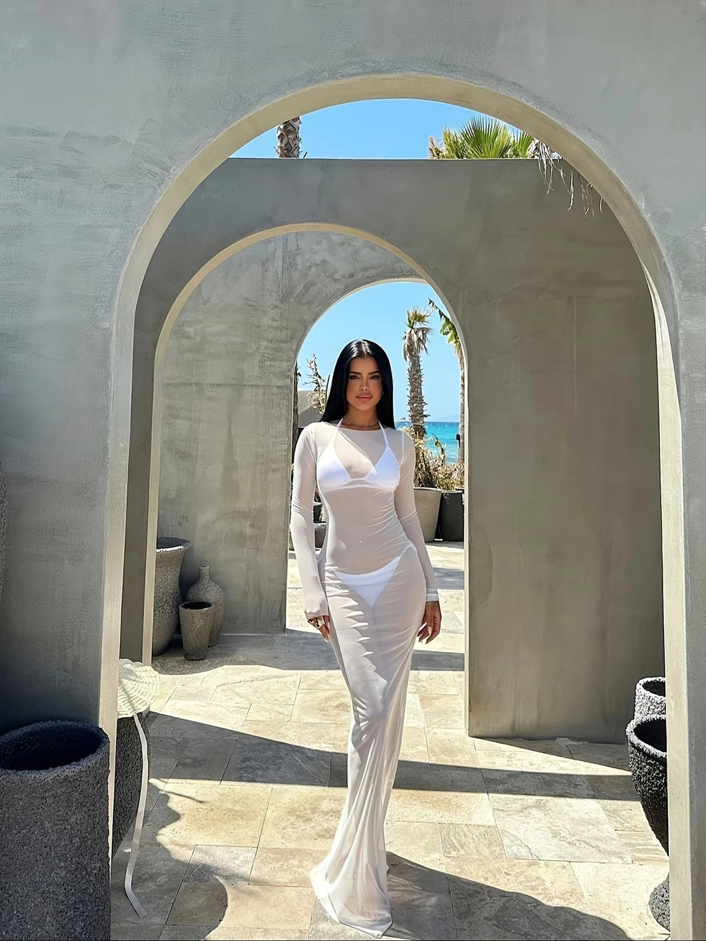 Sheer Mesh Long-Sleeve Maxi Dress
