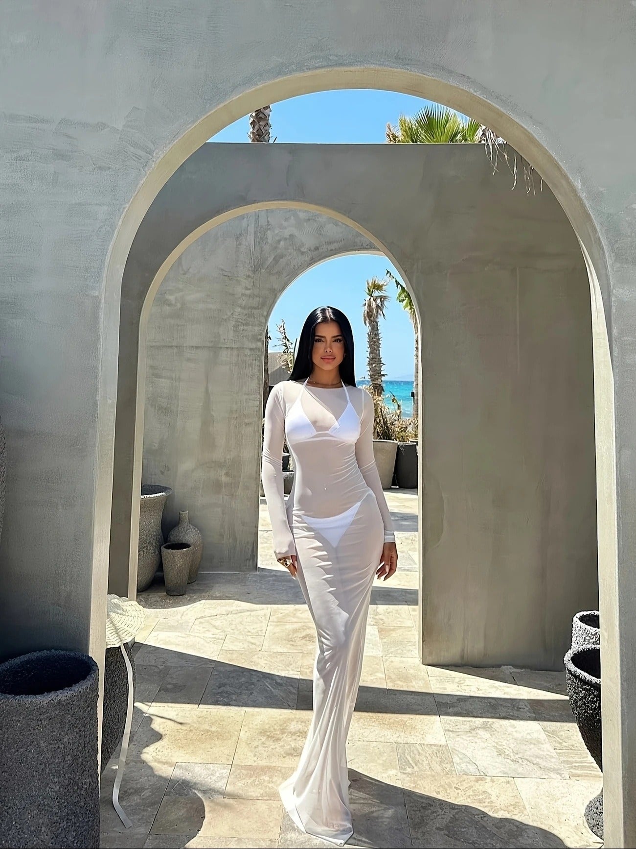 Sheer Mesh Long-Sleeve Maxi Dress