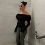 Faux Fur Trim Off-Shoulder Top