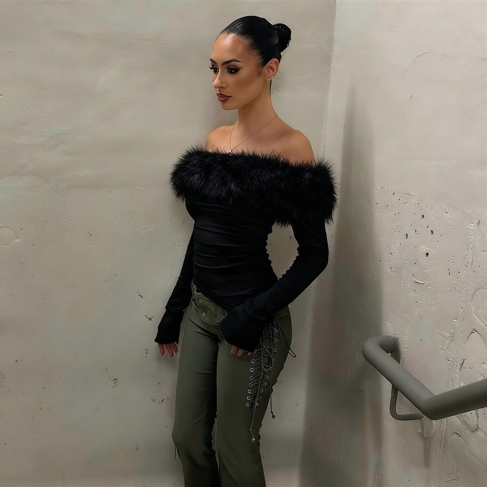 Faux Fur Trim Off-Shoulder Top