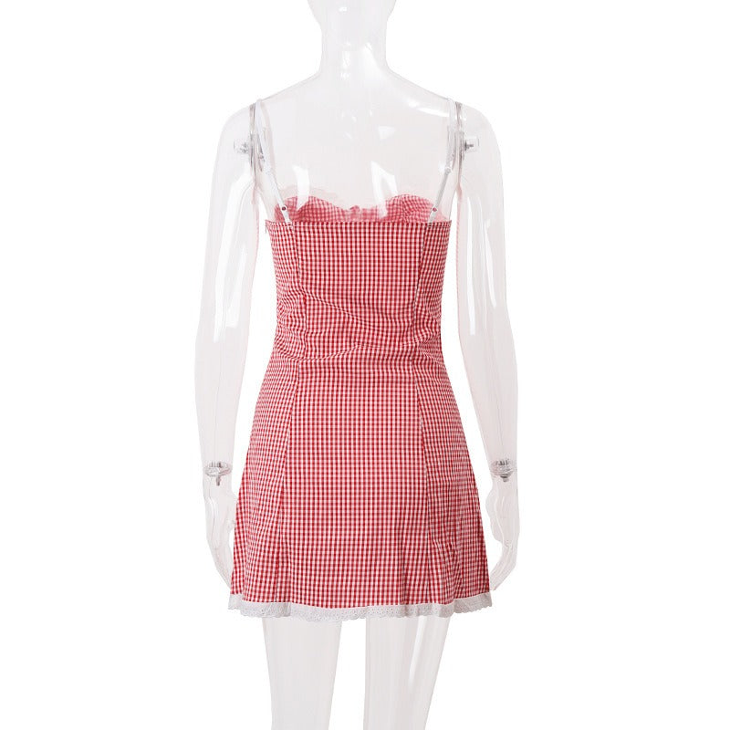 Red Gingham Lace-Trim Mini Dress