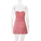 Red Gingham Lace-Trim Mini Dress